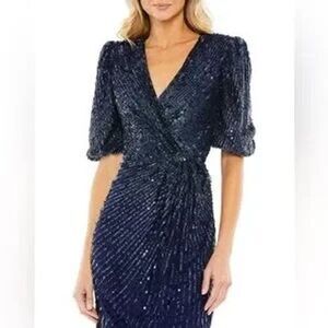 Mac Duggal NWT Sequin V-Neck Short Puff Sleeve Midi Dress in‎ Size 6 MSRP $498